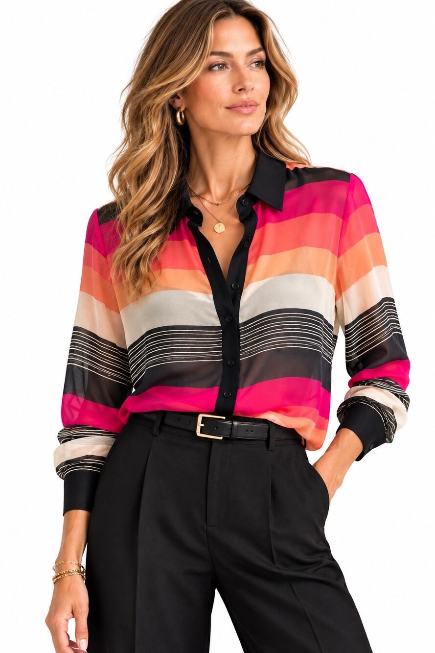 Lafayette 148 New York Multi-Color Striped Silk Button-Down Blouse Size 2